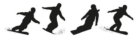 Set of vector snowboarders boys and girls. Winter sport. Black silhouetteのイラスト素材