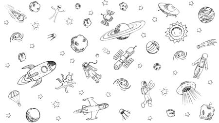Vector doodle space objects. Astronaut, alien, galaxy, space ship, spaceman. Coloring page.のイラスト素材