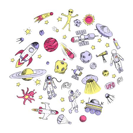 Vector doodle space objects. Astronaut, alien, galaxy, space ship, spaceman.のイラスト素材