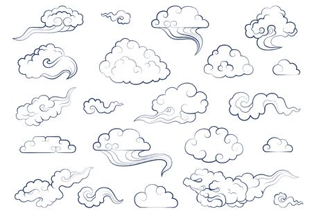 Clouds in traditional Chinese style. Big set of weather elements clouds, fog, cloudlet, windのイラスト素材