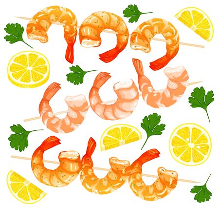 Prawns on skewers, parsley, lemon drawing on a white background. Shrimp icons set. Realistic vector illustrationのイラスト素材