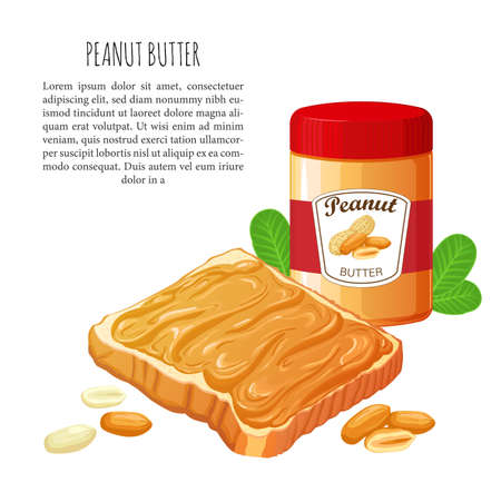 Bread with Peanut butter. Jar of peanut butter isolated on white. Vector Illustrationのイラスト素材