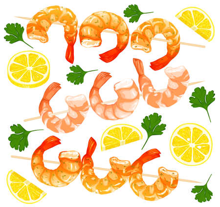 Shrimps on skewers, shrimps without shell, shrimp meat. Boiled Shrimp drawing on a white background.のイラスト素材
