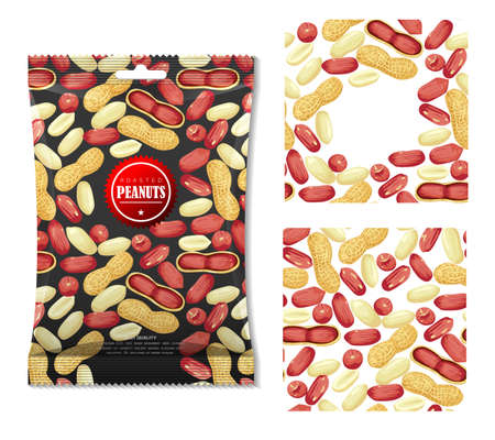 Peanut nut seed whole and shelled, Peanuts in pod seamless pattern.の写真素材