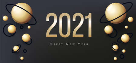 Greeting Card 2021 Happy New Year. Gold balls on black backgroundのイラスト素材