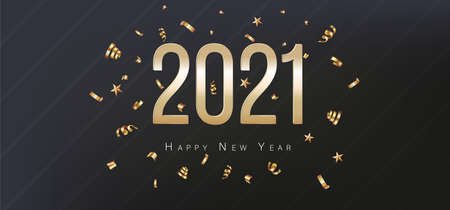 Greeting Card 2021 Happy New Year. Gold confetti on black backgroundのイラスト素材