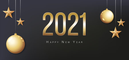 Card with greeting 2021 Happy New Year. Illustration with gold Christmas balls, light, stars and place for text. Flyer, poster, invitation or banner.のイラスト素材