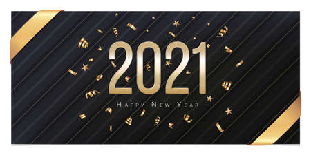 Greeting Card 2021 Happy New Year. Gold confetti on black backgroundのイラスト素材