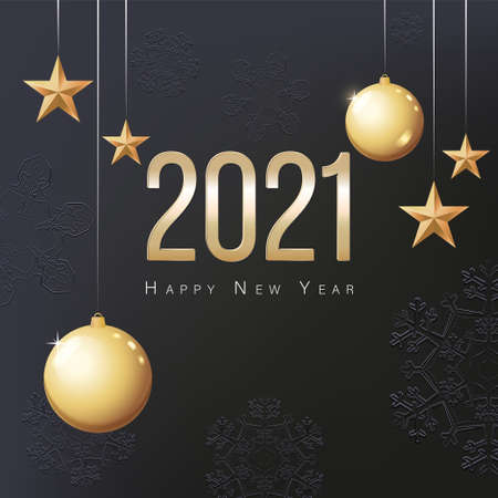 2021 Happy New Year. Gold Christmas balls, stars and place for text. Poster, invitation or bannerのイラスト素材