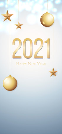 Card with greeting 2021 Happy New Year. Gold Christmas balls, light, stars and place for text.のイラスト素材