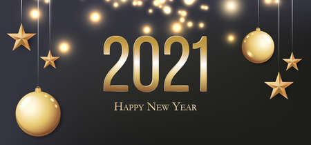 2020 Happy New Year. Gold Christmas balls, light, stars and place for text. Invitation or banner.のイラスト素材