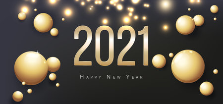Greeting Card 2021 Happy New Year. Gold balls on black backgroundのイラスト素材