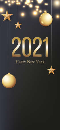 Card with greeting 2021 Happy New Year. Gold Christmas balls, light, stars and place for text.のイラスト素材