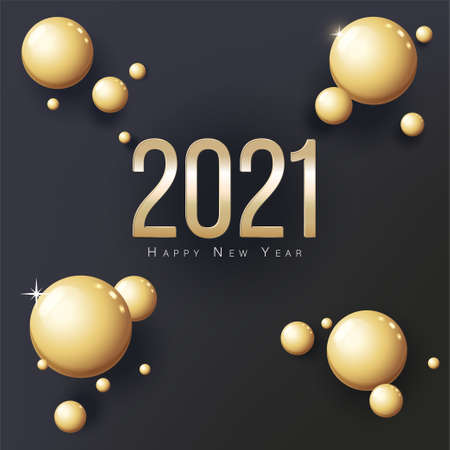 Greeting Card 2021 Happy New Year. Gold balls on black backgroundのイラスト素材