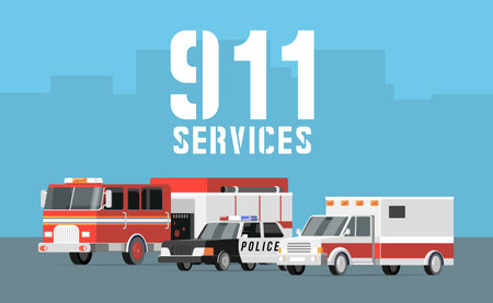 Services cars vector icons. Ambulance, police, fire truck, illustration with place for textのイラスト素材