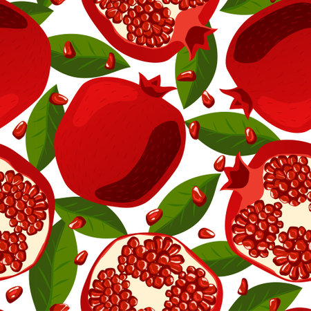 Seamless pattern with pomegranates, leaves, and grains.のイラスト素材