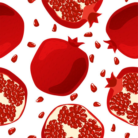 Seamless pattern with pomegranates, leaves, and grains.のイラスト素材