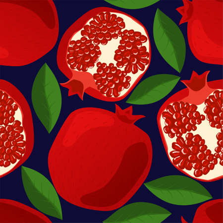 Seamless pattern with pomegranates, leaves, and grains.のイラスト素材