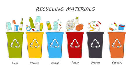 Recycling materials icons. Vector line design, white isolated. List of materials: metal, paper, organic, plastic, glass, battery. Waste sortingのイラスト素材