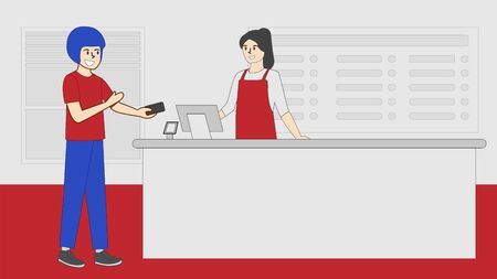 Customer Stand in Line at Grocery or Supermarket Turn with Goods Shopping Trolley Put Buys on Cashier Desk for Paying.のイラスト素材