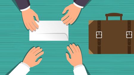 Businessman hand giving white envelope representing to give money bribe or making agreement. Success in deal flat design illustration with shadow.のイラスト素材