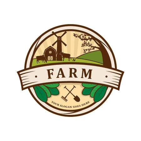Agriculture and fresh farm vintage logo template design vector illustration. House in Mountains. Green ecology products concept.のイラスト素材