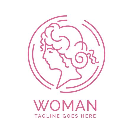 Luxury template of young beautiful woman face and hair logo in circle monoline.のイラスト素材