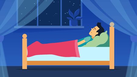 Man sleeps and sweet dream under blanket at night in bed cartoon style. Room with a window concept template. Cool vector flat illustration design.のイラスト素材