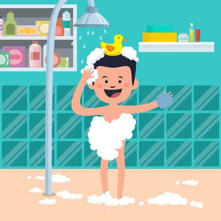 Cute young boy character taking a bath vector illustration. Children takes shower washing his body. Happy smiling cartoon man with foam, bubbles and yellow duck flat design.のイラスト素材