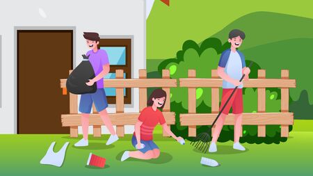 Voluntary service workers cleaning wild nature area together flat vector illustration. Volunteers cartoon characters collecting garbage for recycling. People picking trash. Environment protection.のイラスト素材