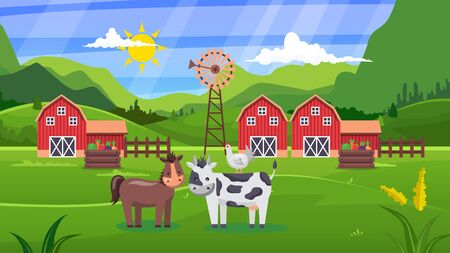 Summer rural landscape with cows and farm. Red barn in the field. Green trees on a cloudy sky background. Vector nature illustration design elements.のイラスト素材