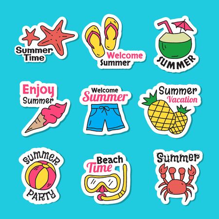 Set of cute summer stickers. Bright summertime icon. Collection elements for beach party vector illustration. Colorful funny doodle symbols.のイラスト素材