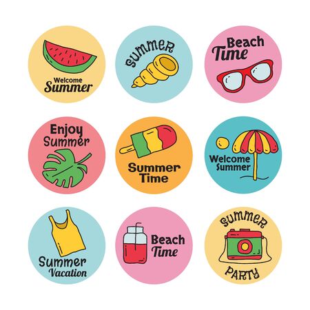 Set of cute summer stickers. Bright summertime icon. Collection elements for beach party vector illustration. Colorful funny doodle symbols.のイラスト素材
