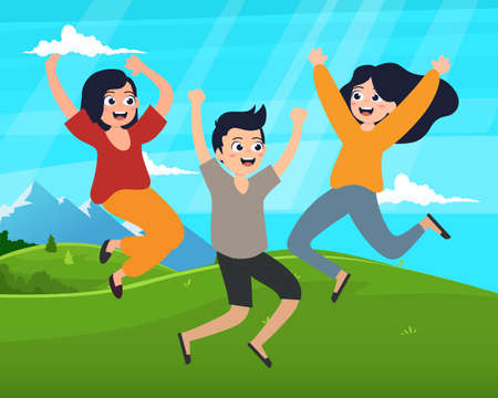 Happy kids jumping together during a sunny day.のイラスト素材