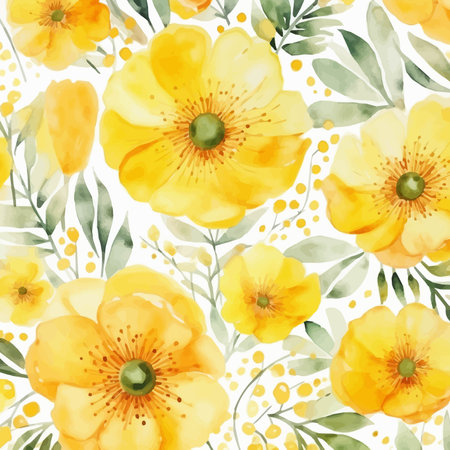 Seamless pattern with watercolor yellow poppies. Hand-drawn illustration.のイラスト素材