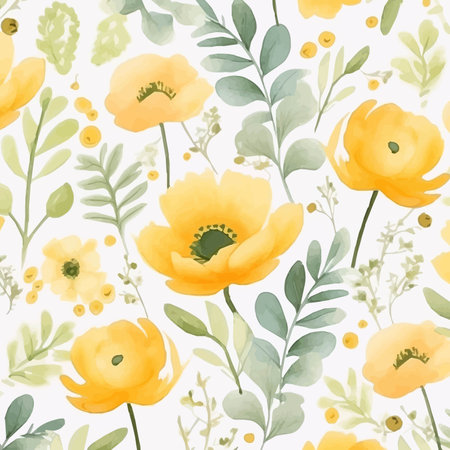 Seamless floral pattern with yellow poppies and green leavesのイラスト素材