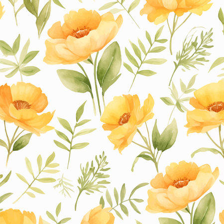 Seamless pattern with yellow poppies and green leaves on white backgroundのイラスト素材