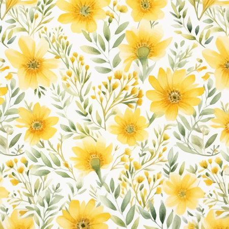 Seamless pattern with yellow flowers and green leaves. Watercolor illustration.のイラスト素材