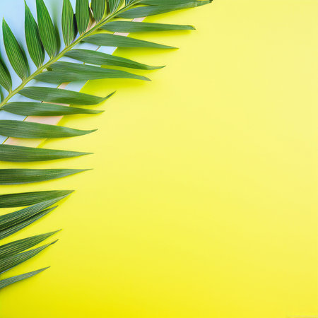 Tropical palm leaves on yellow background. Flat lay, top viewの写真素材