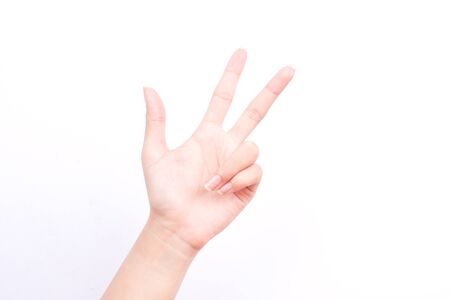 finger hand symbols isolated concept three fingers salute congratulation on white backgroundの写真素材