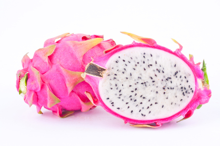 dessert vivid and vibrant organic dragon fruit (dragonfruit) or pitaya on white background healthy fruit food isolatedの写真素材