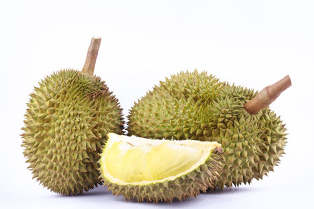yellow durian  mon thong is king of fruits durian and  durian peeled fruit plate tropical durian on...