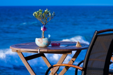 Little olive tree in the flowerpot standing on the wodden table  on the sea shore with greek flagの写真素材