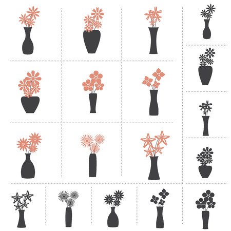 Set of Flowers in Vase Collection, 9 Different Kinds of Flower Vases. 2 colors and Black Color Design.のイラスト素材