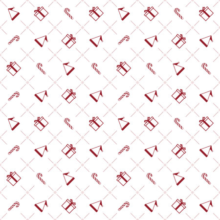 Christmas Seamless Pattern. Giftbox, Christmas Hat, Snowflake & Candy Canes on White Background. Vector illustration.のイラスト素材