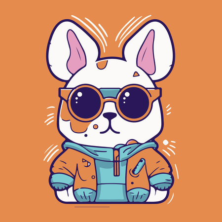 Cute cartoon dog with sunglasses. Vector illustration. Isolated on orange background.のイラスト素材