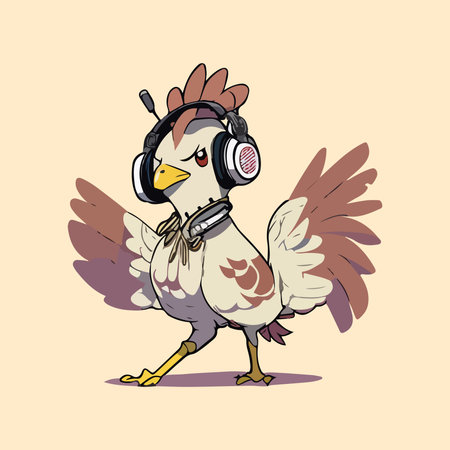 Cute cartoon chicken listening to music on headphones. Vector illustration.のイラスト素材