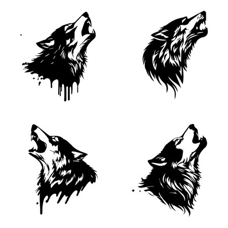 Wolf head set. Hand drawn vector illustration isolated on white background.