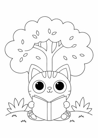Cat with book and tree design, Kawaii expression cute character funny and emoticon theme Vector illustrationのイラスト素材
