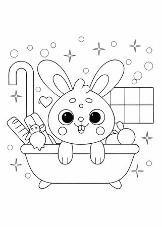 Cute cartoon rabbit in a bathtub. Black and white vector illustration for coloring book.のイラスト素材